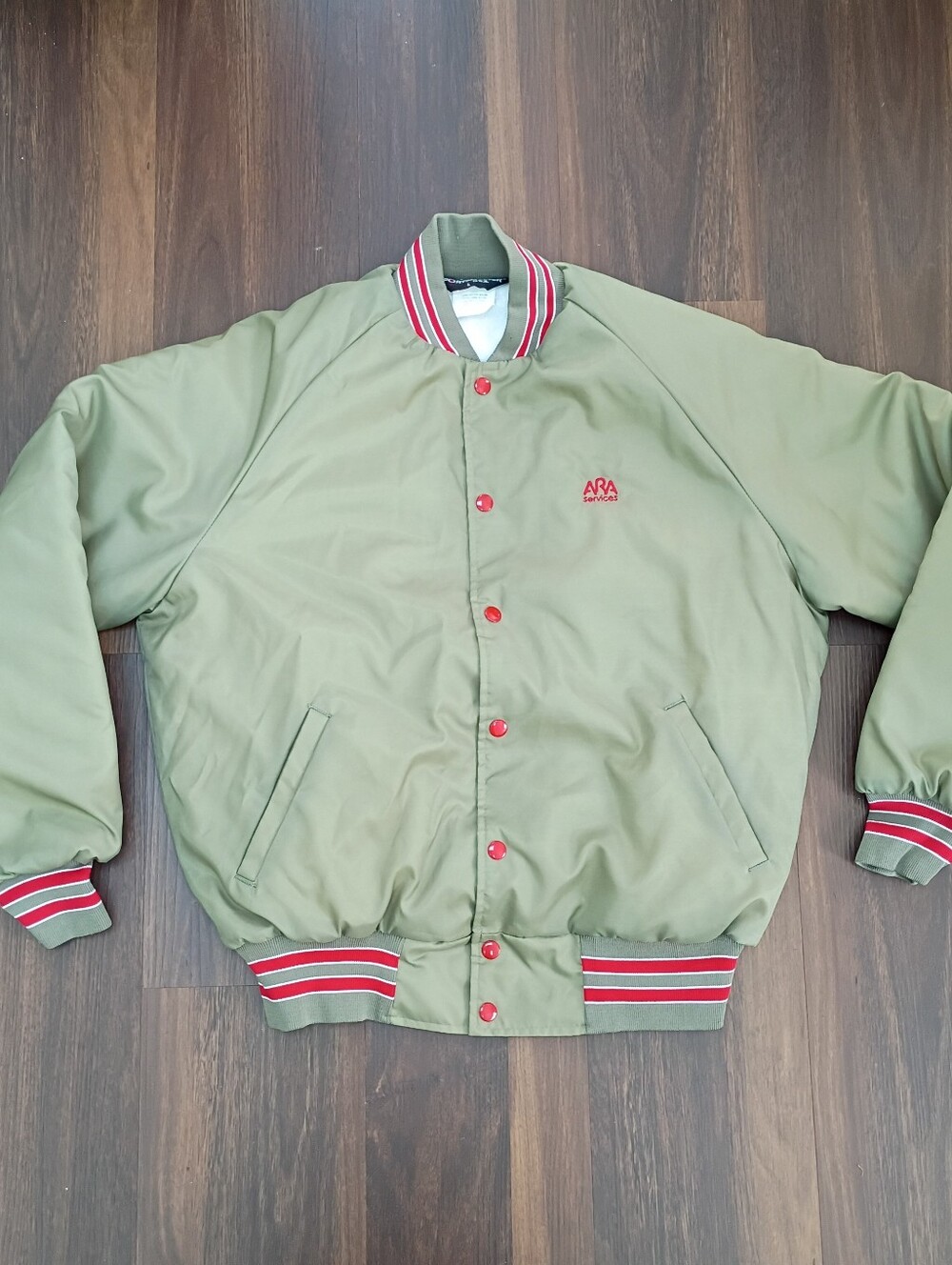 Vintage Sportsmaster Bomber Jacket Gold Red L Snap Front Corporate Made In USA